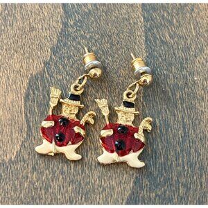 Vintage Christmas Frosty Snowman 1” Red White Enamel Gold Tone Earrings (XM6)